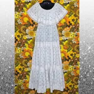 VTG 70s Handmade Gunne Pattern, Off The Shoulder White/Floral Maxi Dress, sz XS